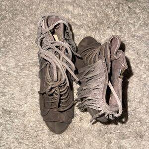 Express Gray Fringe Lace-Up Boots